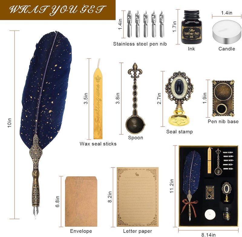 Anglekai Quill Pen and Ink Set, Calligraphy Feather Pen Set with Wax Seal Stamp, Ink, Replacement Nibs, Spoon, Envelope Letter Paper, White Wax, Antique Quills (Blue) - Image 2